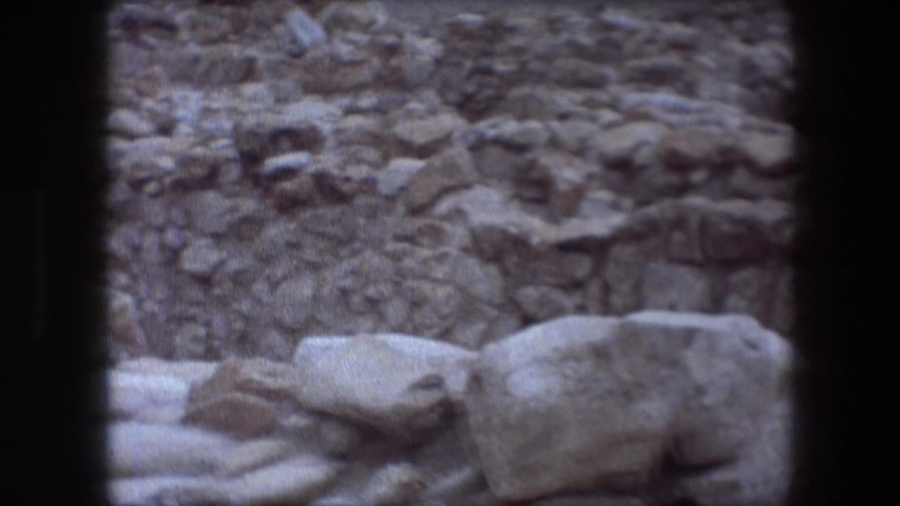 Stone wall and pale carved blocks within ancient ruins.