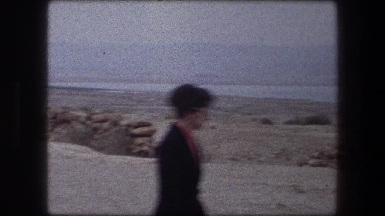 1976 8mm frame from Messada, Israel showing a woman walking near a sandy beach edge, low stones, and hazy sea horizon.