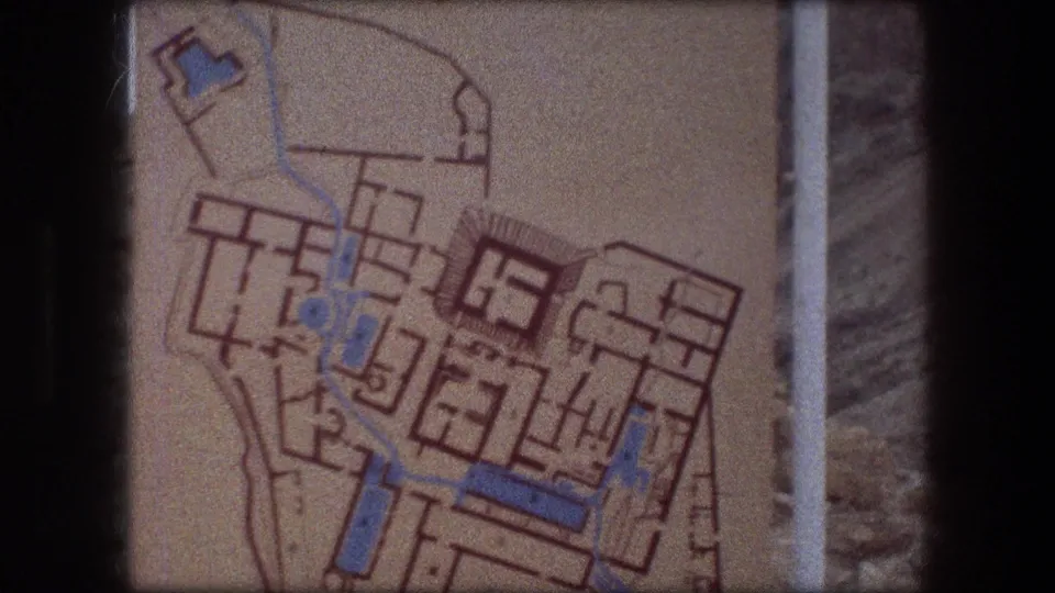 1976 8mm frame at Messada showing a tan printed map with orange building outlines, blue markings, and rough wall edges nearby.