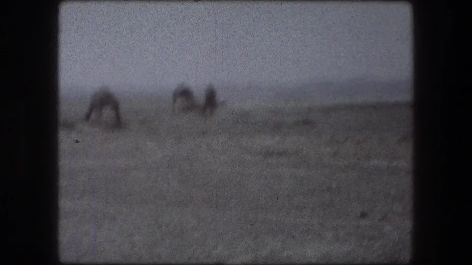 Soft 8mm view of workers spread across a dry field near Messada, with distant hills faintly visible.