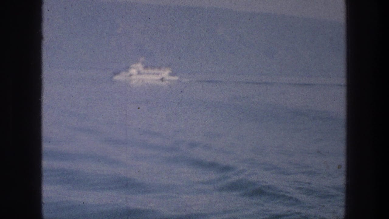 Distant white passenger boat crossing calm blue-gray water with a faint shoreline behind it.