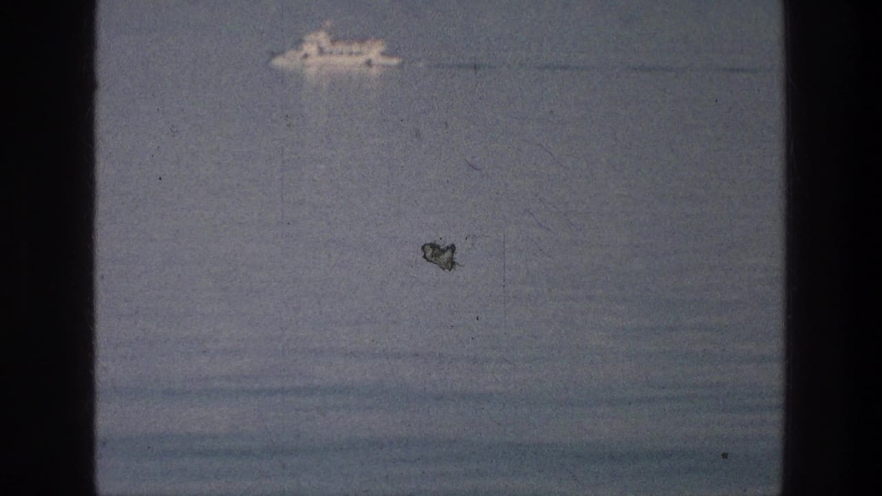 Distant white boat on the Sea of Galilee in a soft 8mm frame with scratches, dust, and blue-gray water.
