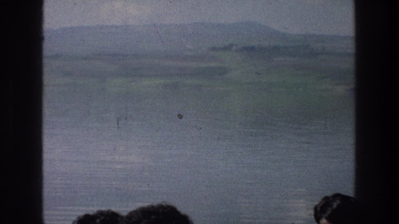 Calm lake and distant hills seen past dark vertical foreground shapes and partial heads.