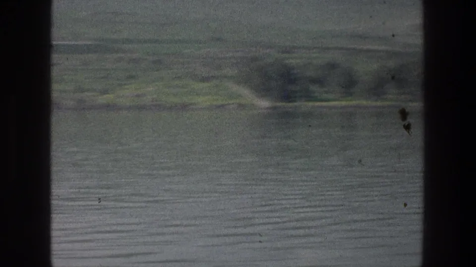 1970s home-movie frame of the Sea of Galilee with blue-green water, fields, a tree cluster, and soft hills beyond.