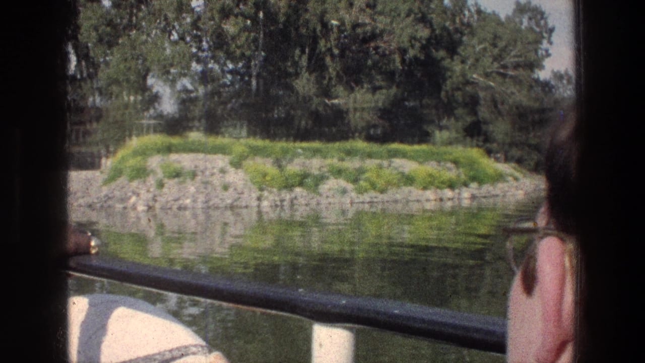 Boat passenger with glasses facing a rocky green shoreline across calm water.