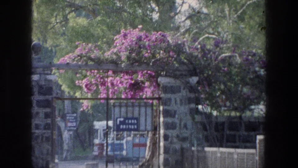 1976 8mm Sea of Galilee frame showing a stone gate draped with purple flowers, iron railings, trees, and a vehicle beyond.