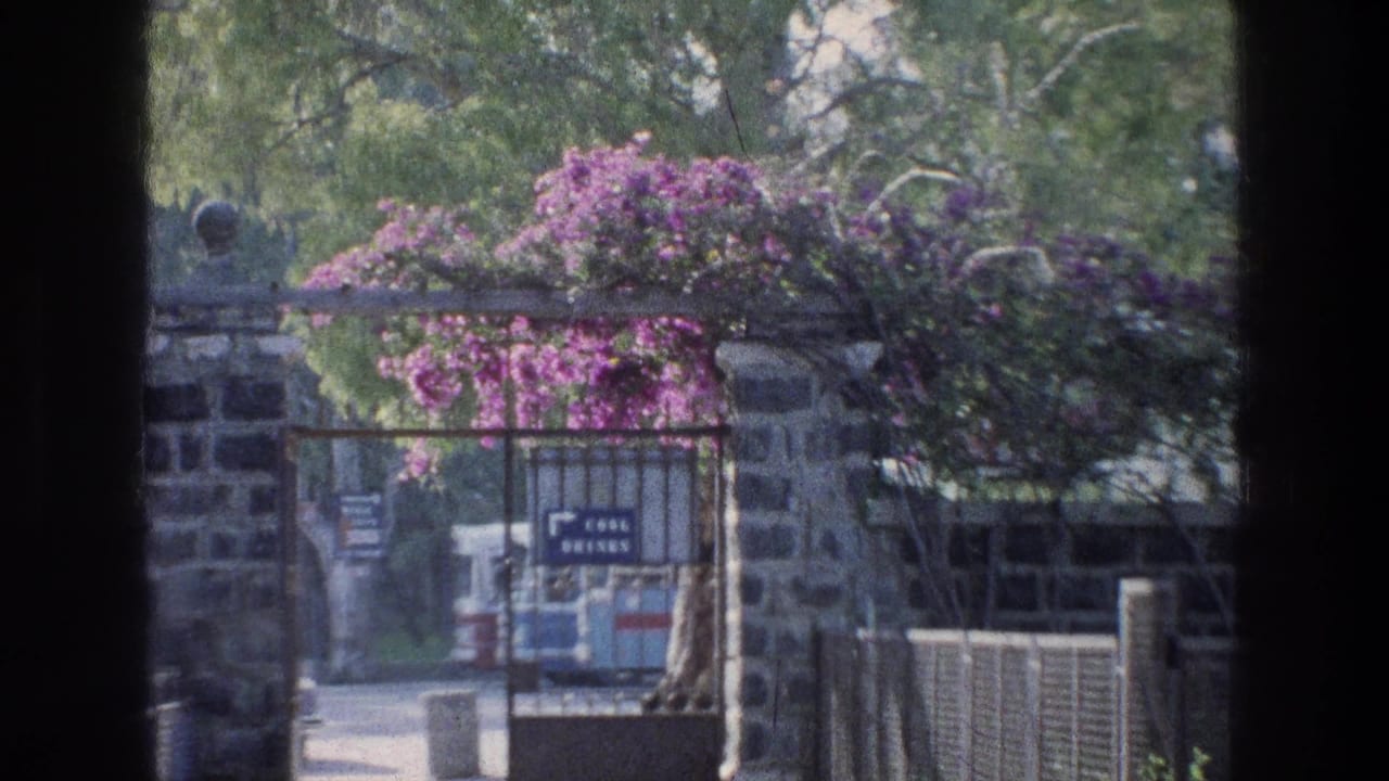 Stone gateway with bougainvillea over a paved entrance path and site signs beyond.