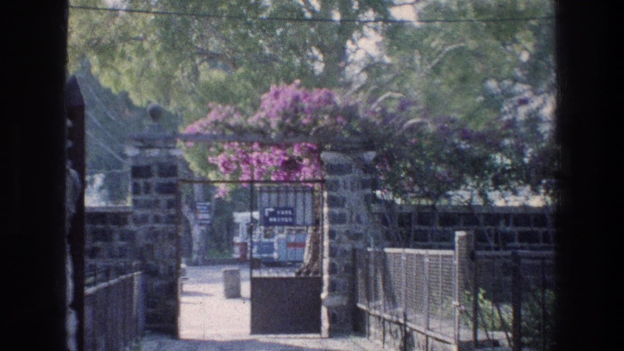 Entrance path through stone posts with flowering vines and signs inside the gate.