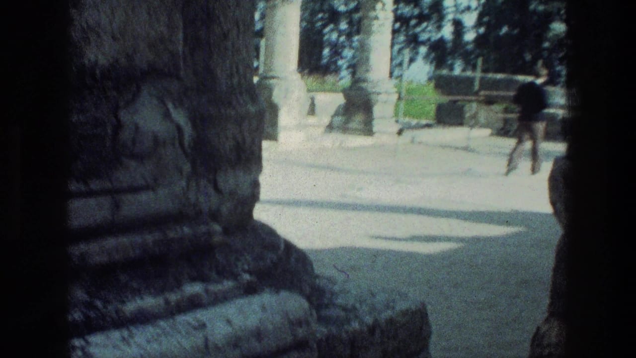 Stone ruins and columns seen from a shaded foreground with tourists in the distance.