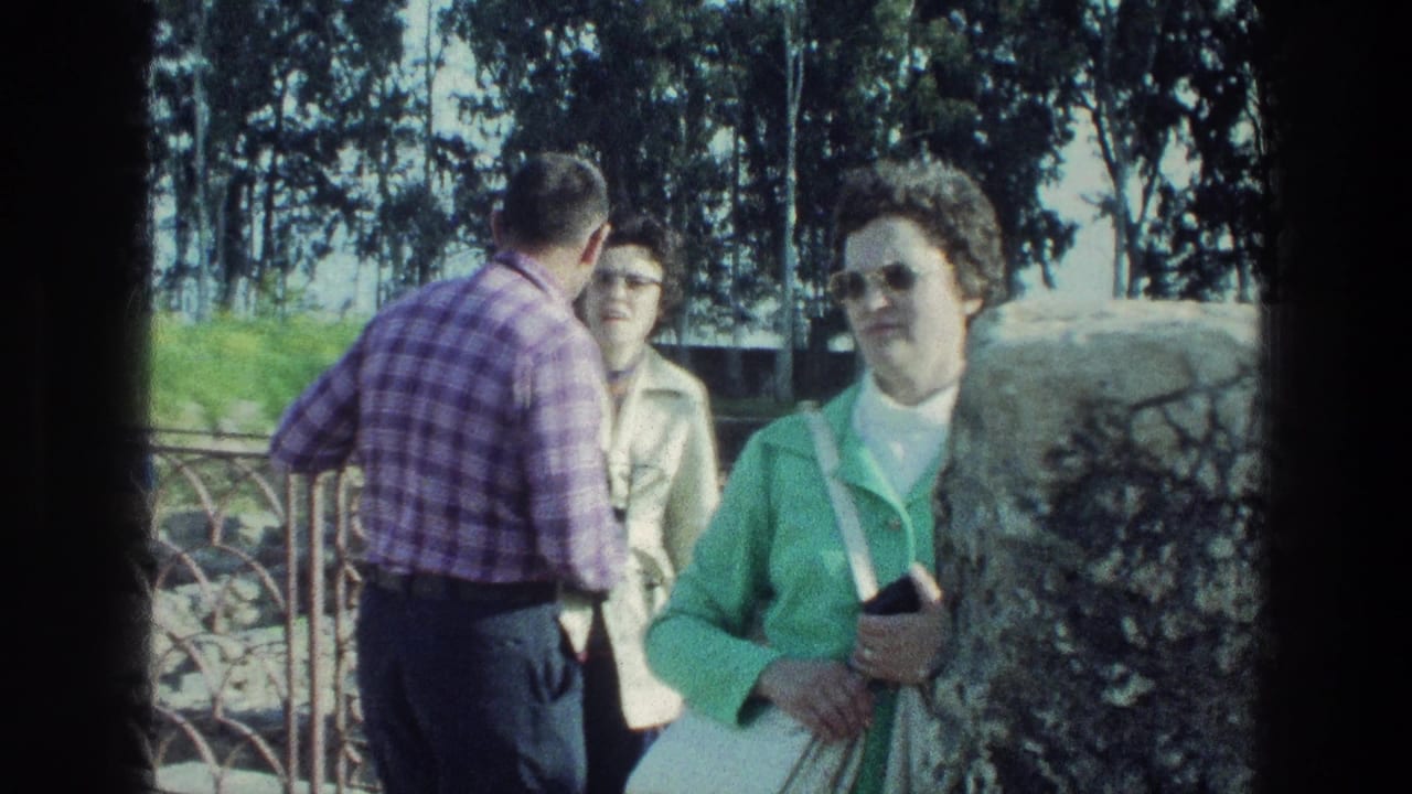 A woman in a green cardigan stands by a stone wall while a man and another woman talk nearby.