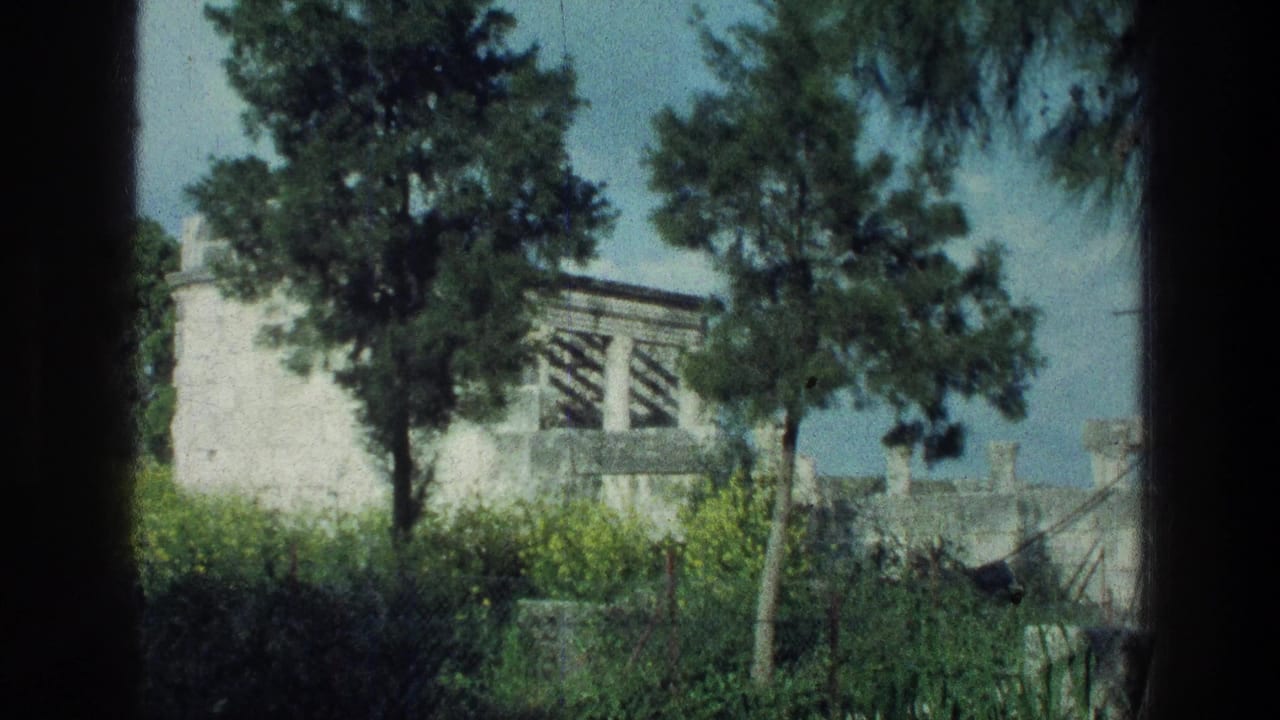 Garden view of a pale stone building partly screened by tall trees.