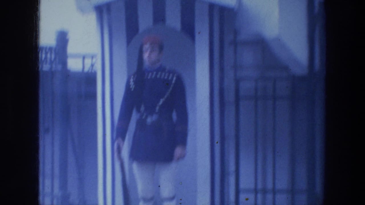Uniformed guard holding a rifle beside a striped guard post and iron gate.