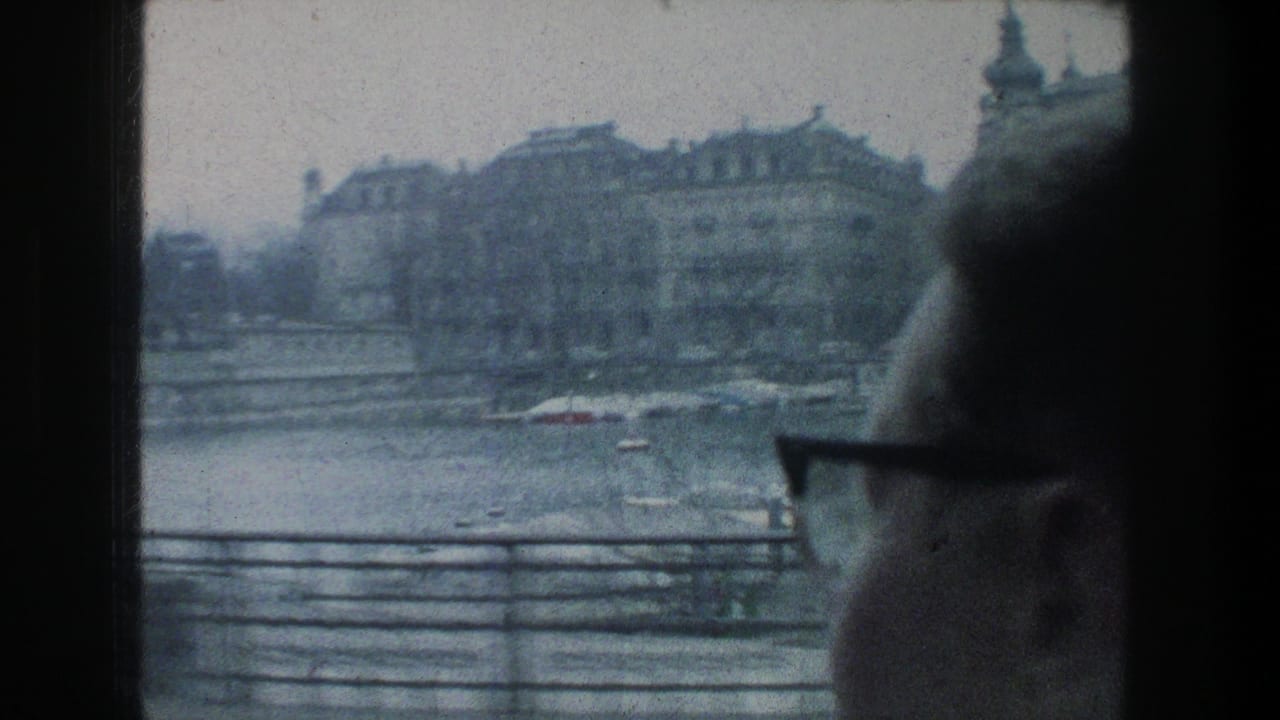 1976 Zurich passenger view across lake water toward waterfront buildings, partly obscured by a person wearing glasses.