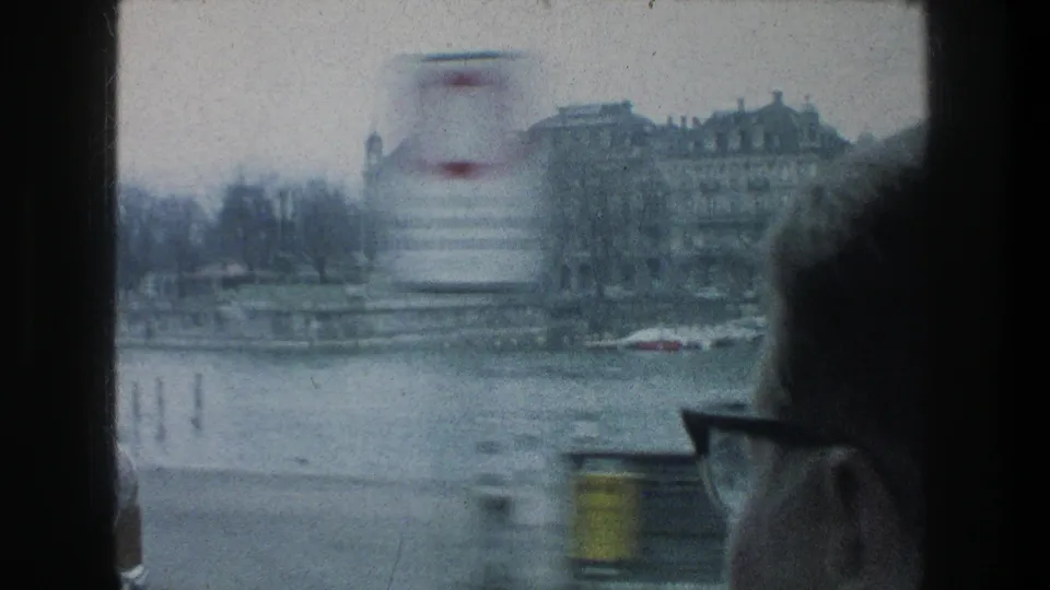Misty Zurich waterfront seen from a moving vehicle window, with a blurred sign or pole and a passenger's glasses at the edge.