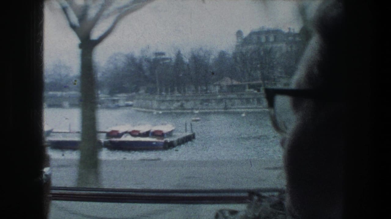 A close side profile of a glasses-wearing person appears against a Zurich lake view with moored boats, bare trees, and waterfront buildings.