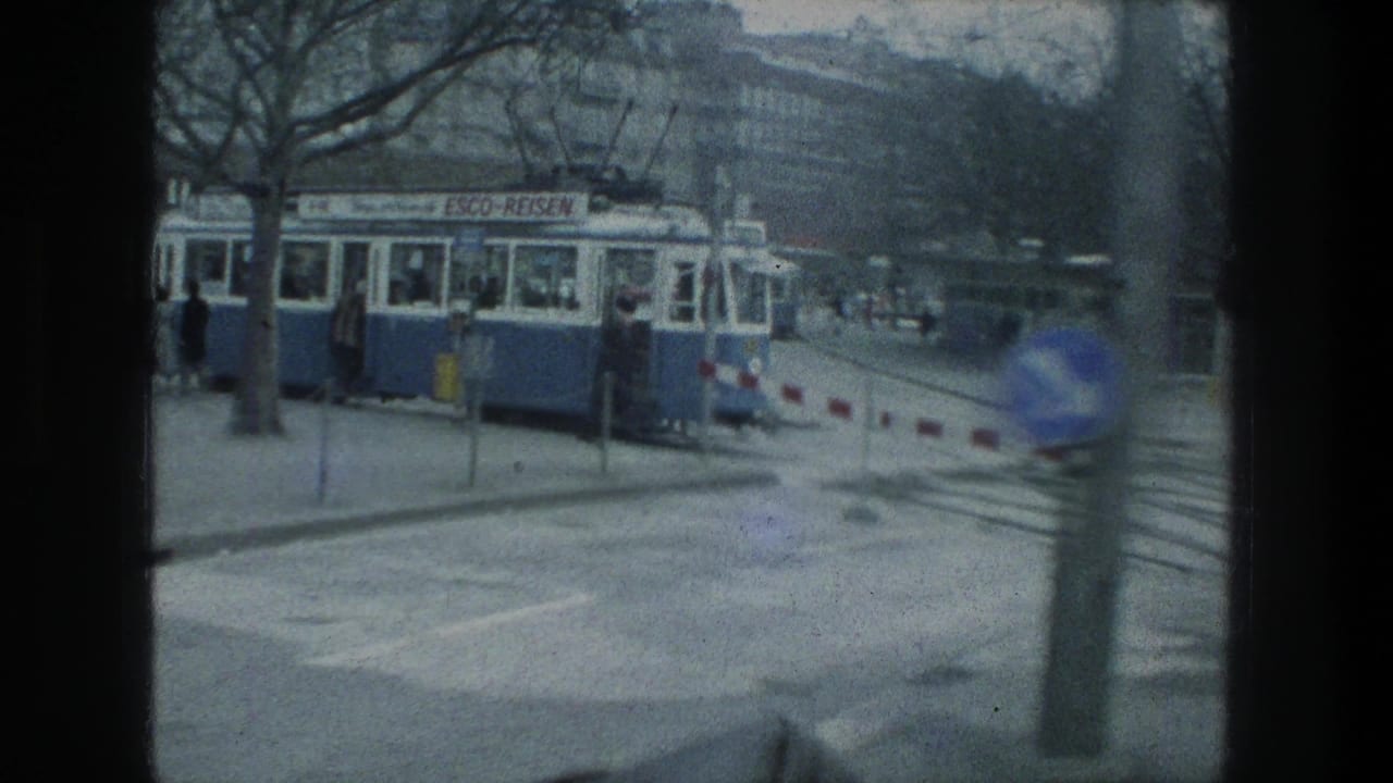 A blue and white trolley or tram with visible signage passes near a Zurich lakeside street, with trees, pedestrians, and barriers in view.