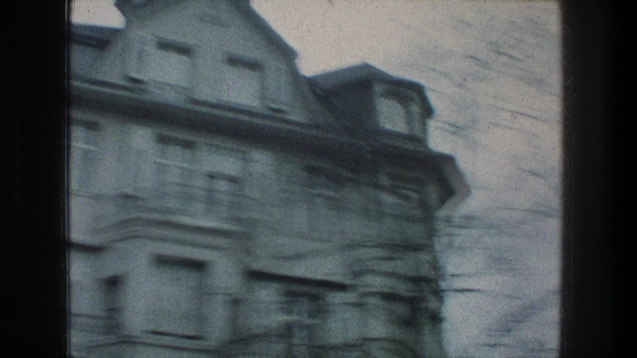 Moving 8mm view of a Zurich stone facade with roof dormers and bare branches, softened by motion blur and aged film color.