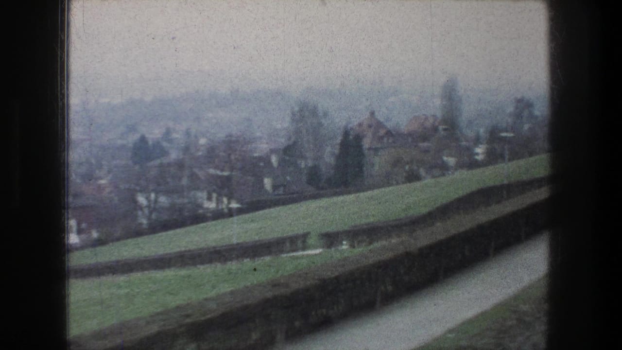 1976 Zurich-area bus-window view of a green slope, trimmed hedge, path, rooftops, and hazy trees.