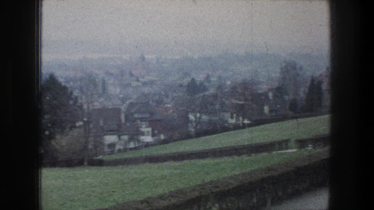 1976 Zurich home-movie frame showing a green hillside, suburban houses, bare trees, and distant city haze.