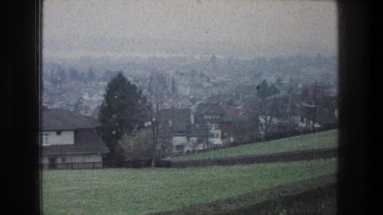 Suburban houses and trees below a grassy slope, with a hazy city skyline in the distance.