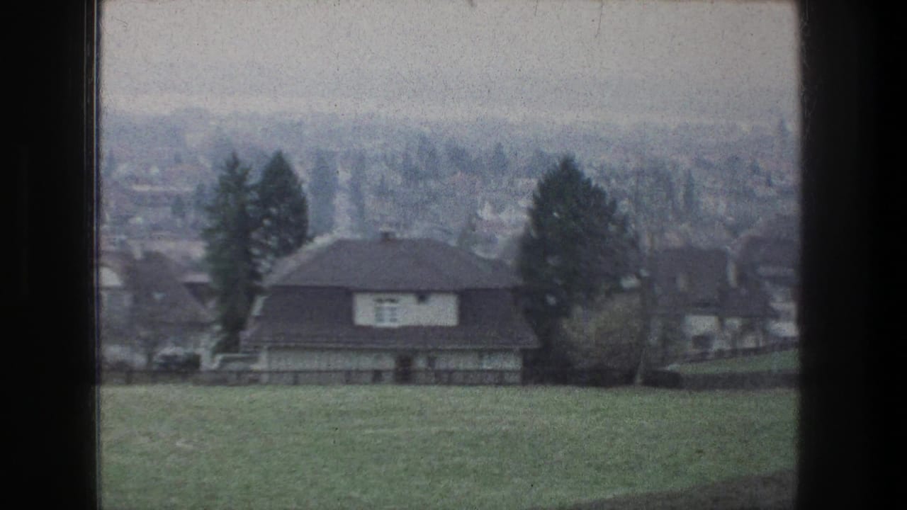 Soft 8mm frame of Zurich suburban housing on a green slope with trees and distant haze in 1976 footage.