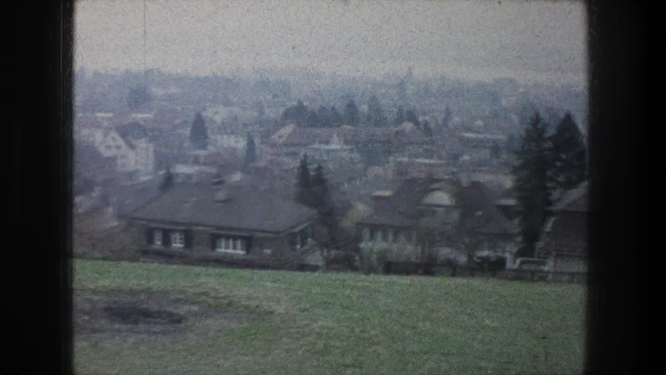 Zurich 1976 hillside view with grass in the foreground, houses below, and a muted residential district in the distance.