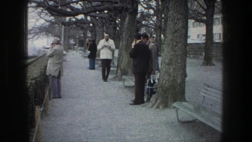 Adult visitors in Zurich stand near large trees and benches, with one man appearing to handle a still camera during the 1976 home-movie scene.