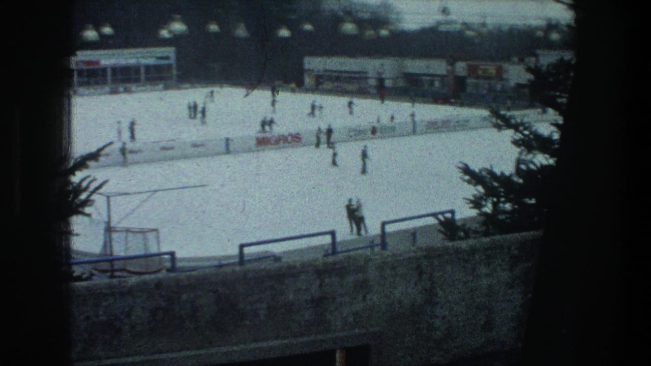 Elevated 1976 Zurich view of an outdoor ice rink with skaters, rink boards, trees, and low buildings in the background.