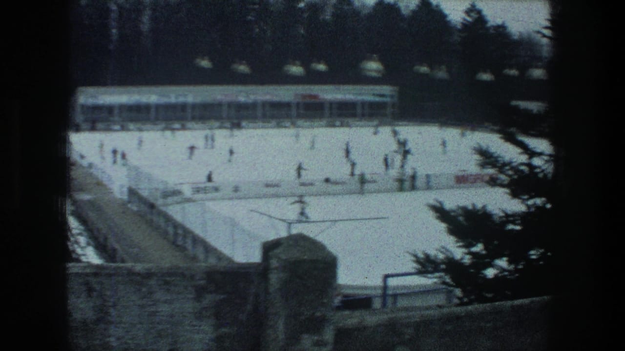 Elevated 1976 Zurich rink view with skaters, advertising boards along the barrier, hanging lights, a rink building, a stone wall, and pine branches.