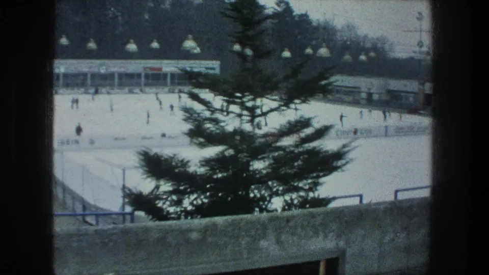 1976 Zurich rink view with pine branches in the foreground, small skaters on the ice and low buildings under winter light.