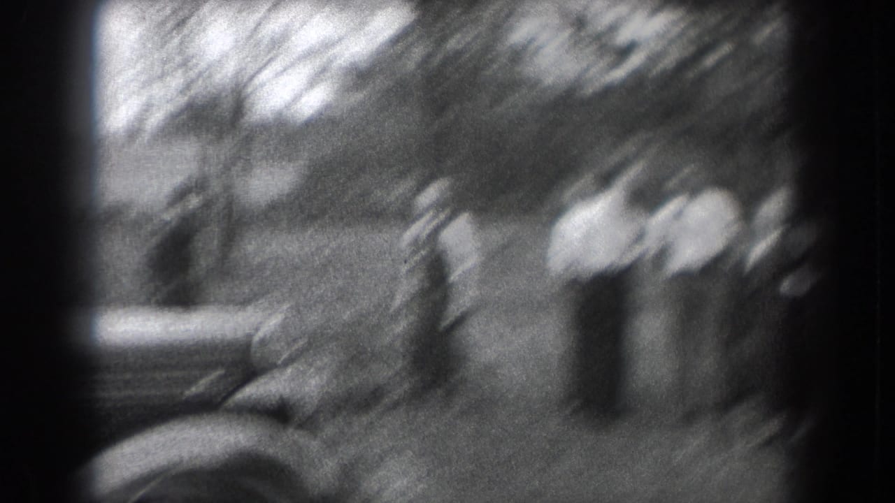 Blurred handheld view of adults standing near a car and trees outdoors.