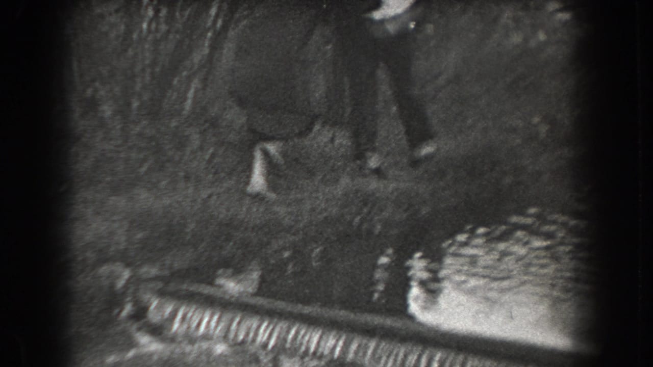 1938 Reading, Pennsylvania home-movie frame showing adults partly visible near grass, trees, and a small water edge.