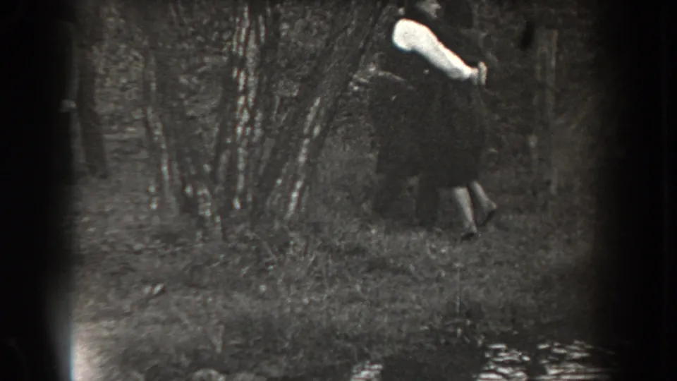 Near the end of the 1938 Reading, Pennsylvania clip, the woman appears to catch or reach toward the man beside the trees.