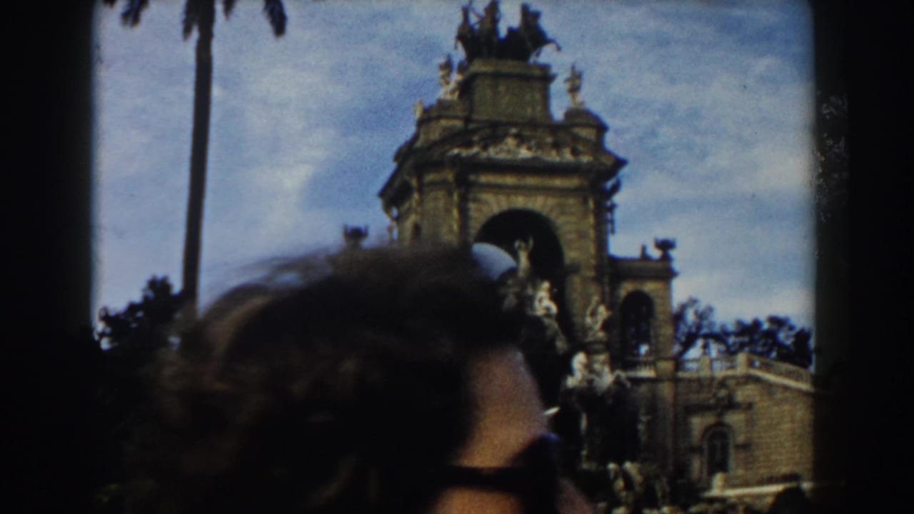 Foreground person's head partly blocks the view of an ornate monument and palm trees.