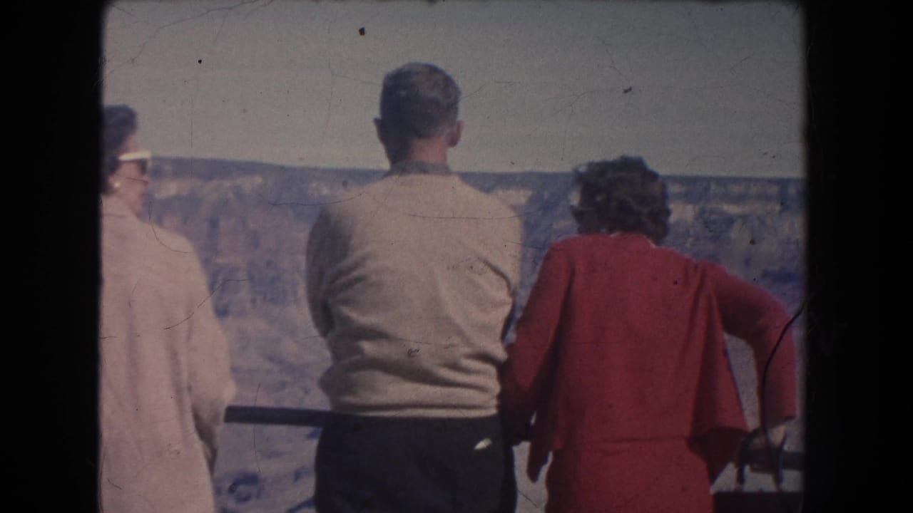 Three adults stand at a railing and look toward a canyon from behind.