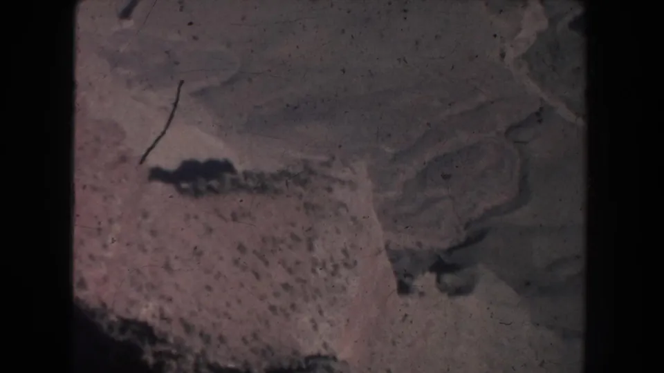 1951 New Mexico 8mm frame showing a dry valley floor, sparse scrub pattern, and darker rock lines during the pan.