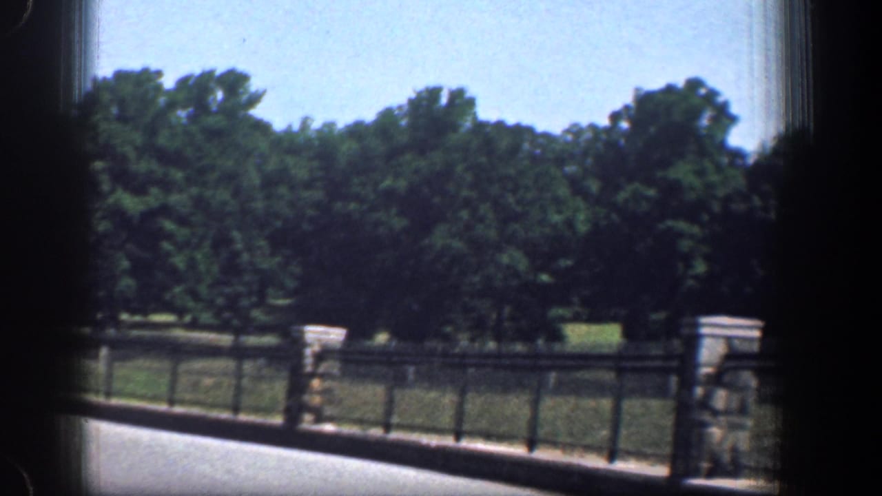 Roadside fence and trees seen through a dark vehicle window frame.