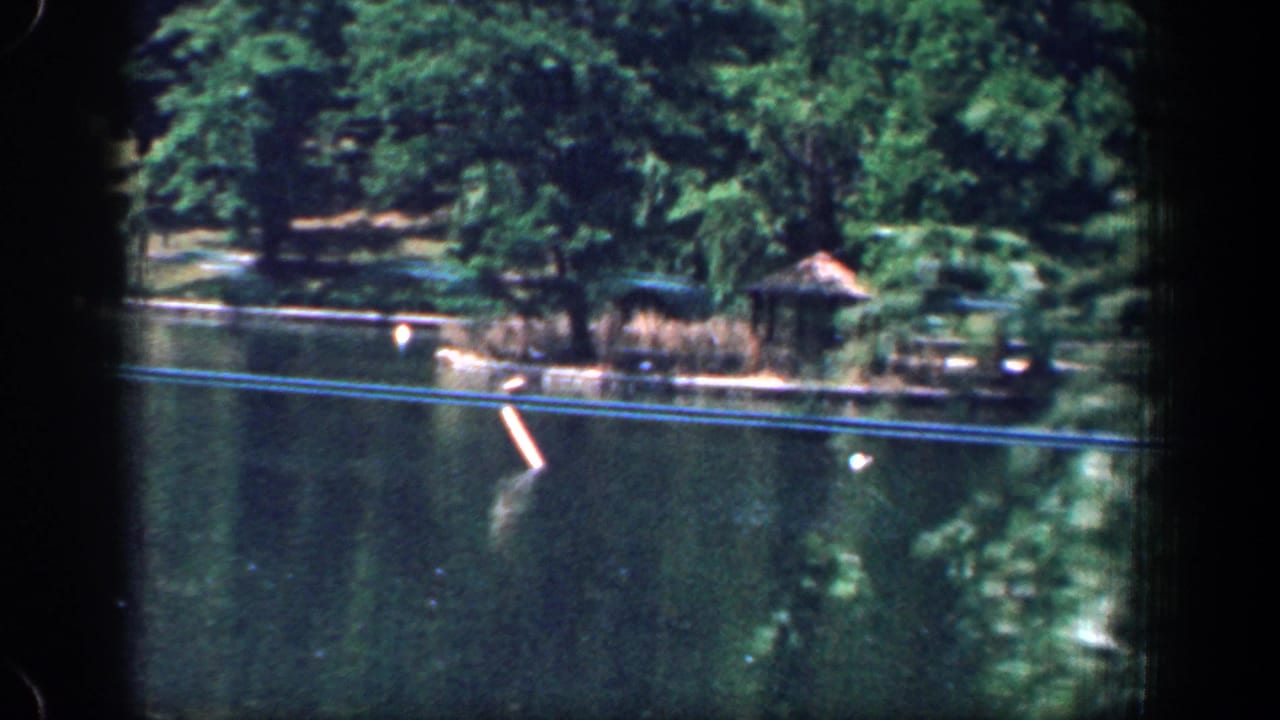 1961 Washington, DC home-movie view of a park lake bordered by trees and shoreline plantings, seen through dark 8mm frame edges.