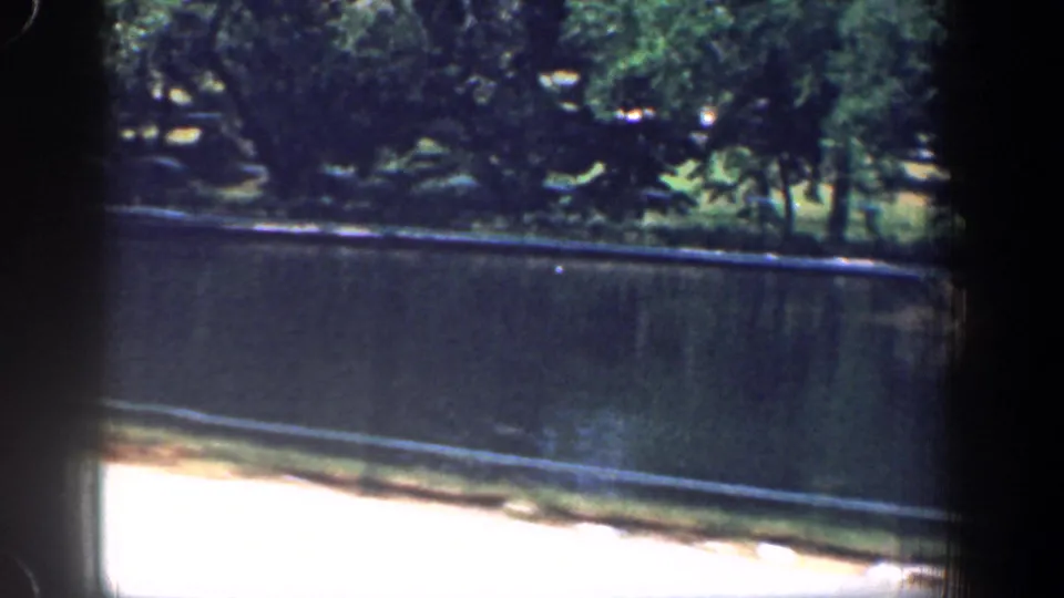 Car-window view of a broad, calm river with trees along the far bank in 1961 Washington, DC footage.