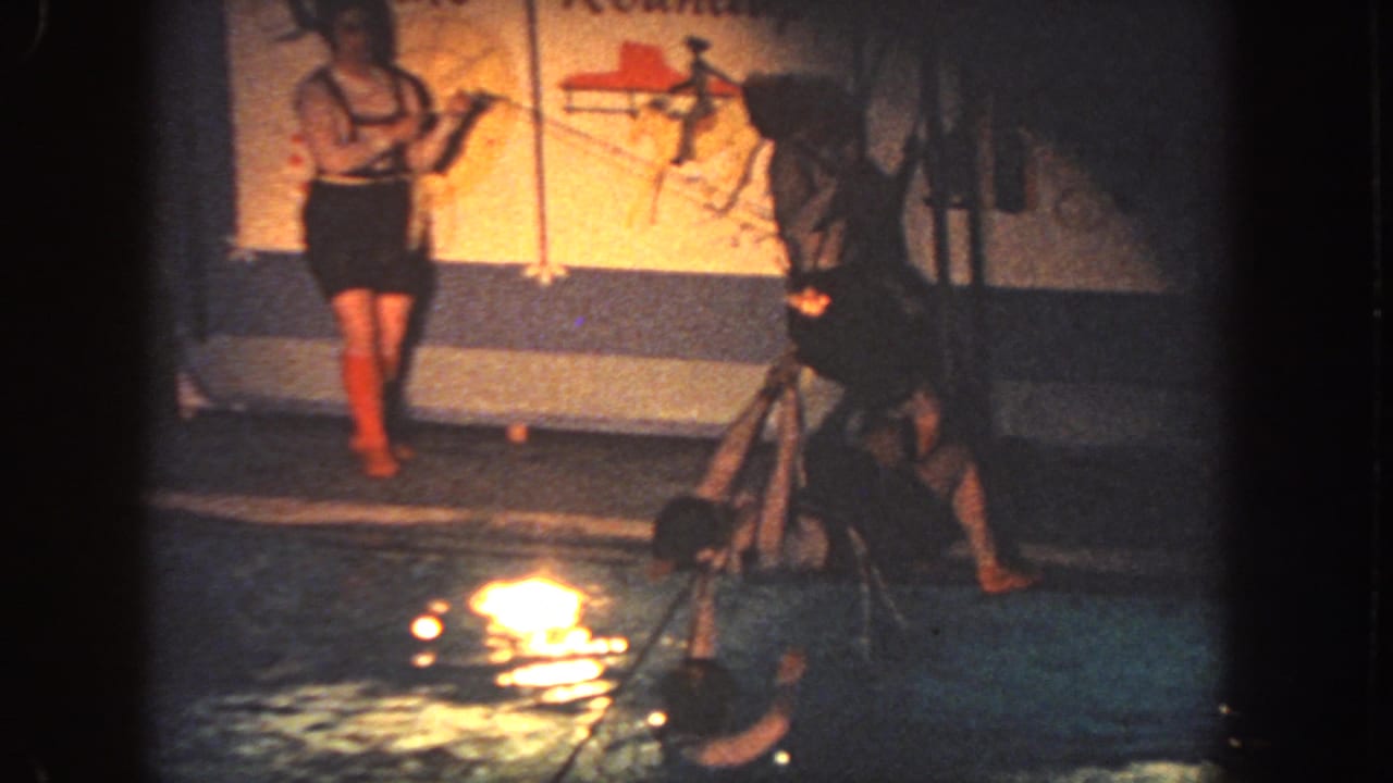 A 1951 Georgia pool scene shows participants using ropes and platforms while a girl in red boots observes from the deck.