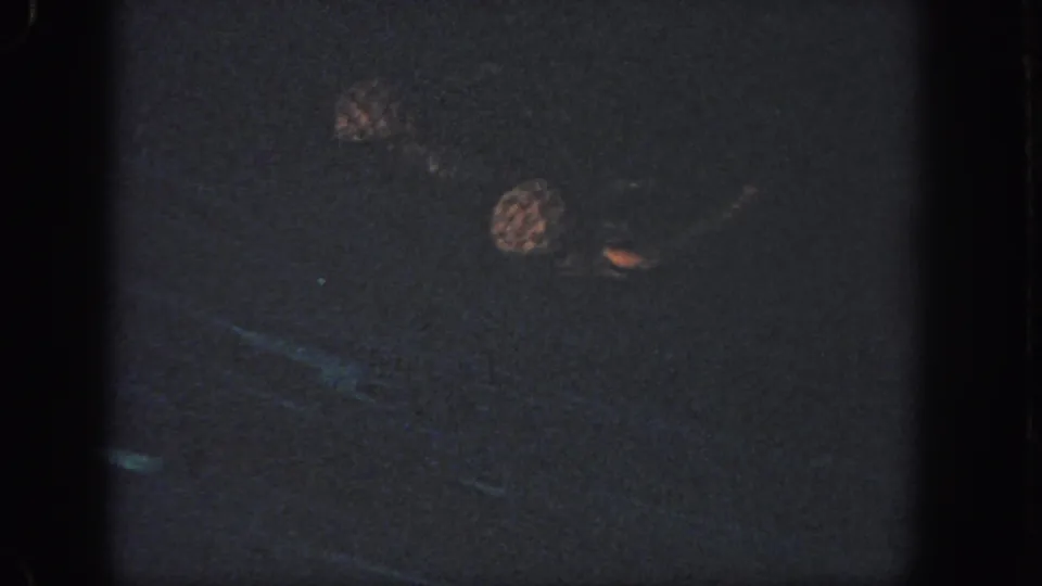 Two women remain mostly submerged in the pool, with swim caps and a small raised hand visible in the dark 8mm frame.