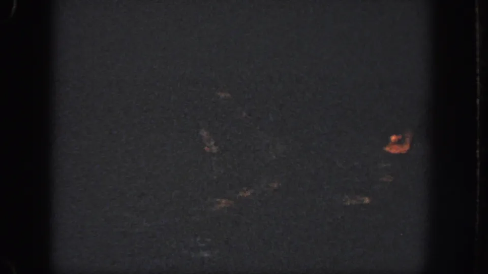 A dim 1951 home-movie frame shows a swimmer mostly obscured by darkness, with a face and faint body shape in the water.