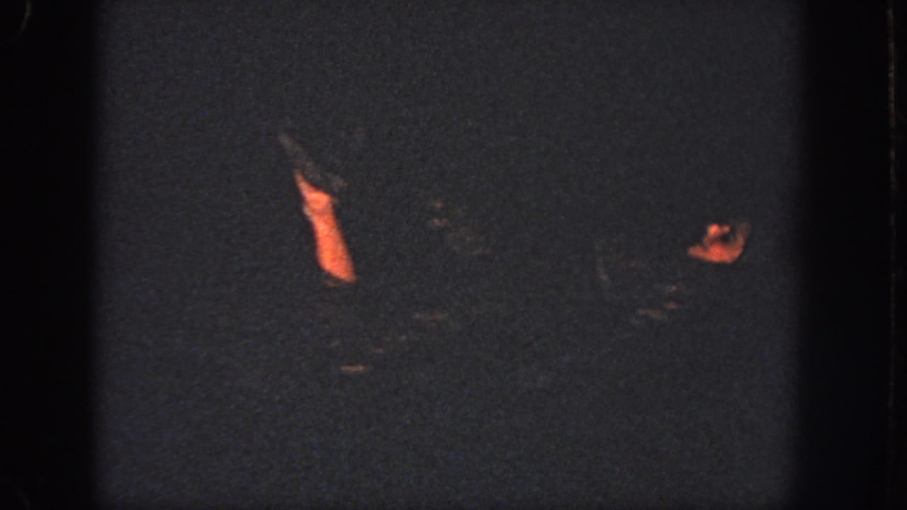 Two swimmers remain partly visible in dark water, with one raised limb and a face catching warm light near the right edge.