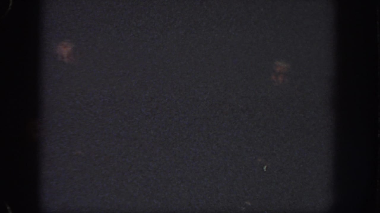 Late frame from the 1951 Georgia pool footage, with swimmers only faintly visible in low light and heavy grain.