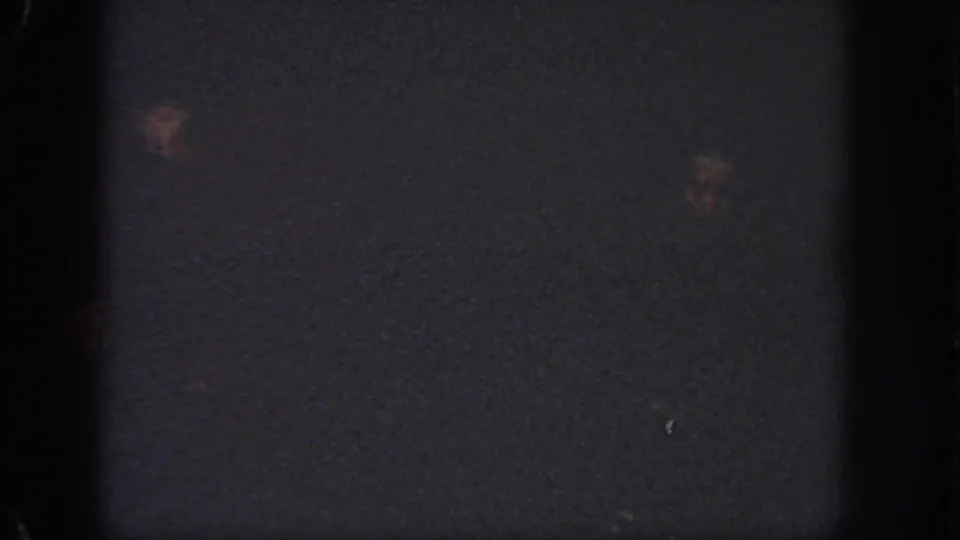 Late frame from the 1951 Georgia pool footage, with swimmers only faintly visible in low light and heavy grain.