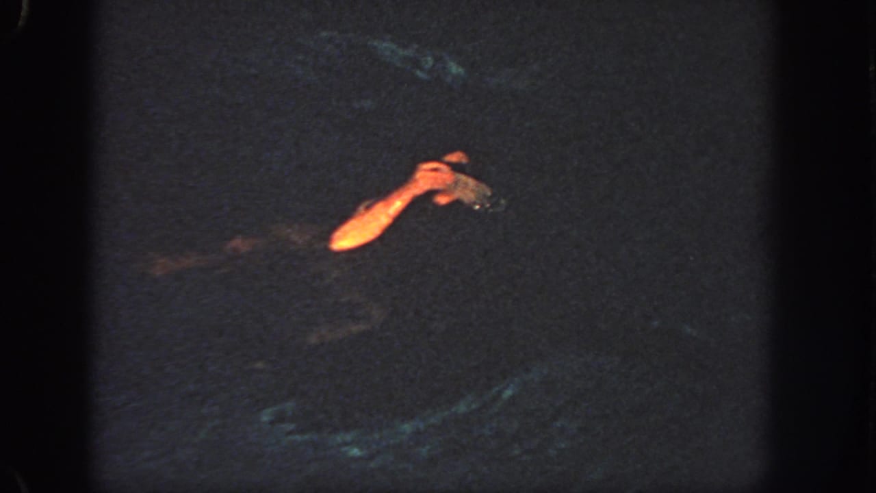 1951 Georgia 8mm frame showing a woman partly visible in dark pool water, with her arm and face caught by warm low light.