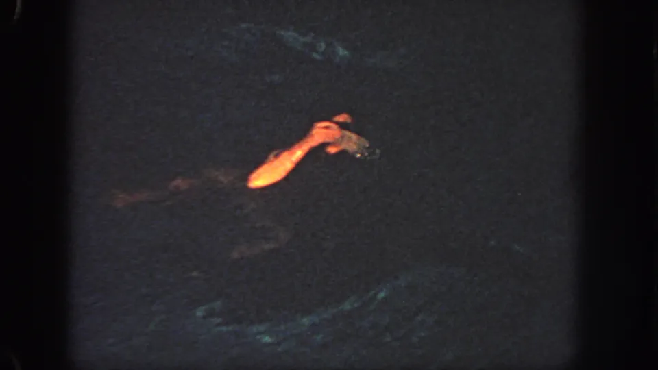 1951 Georgia 8mm frame showing a woman partly visible in dark pool water, with her arm and face caught by warm low light.