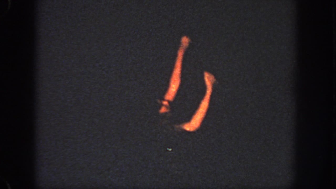 1951 Georgia home-movie frame showing the swimmer’s legs and arm emerging from dark pool water during a practiced move.