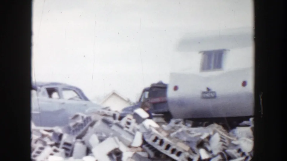 1956 Grand Rapids 8mm frame showing a small trailer, a partly visible sedan, and piles of discarded masonry in a junkyard setting.