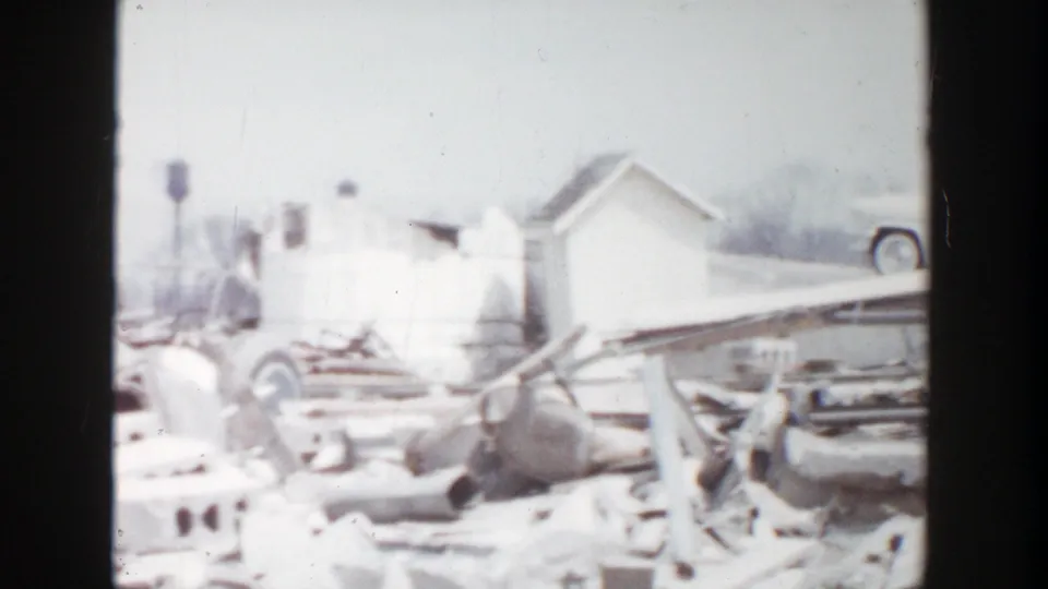 1956 Grand Rapids home-movie view of storm debris, broken wood, small buildings, and part of a car lifted above the scene.